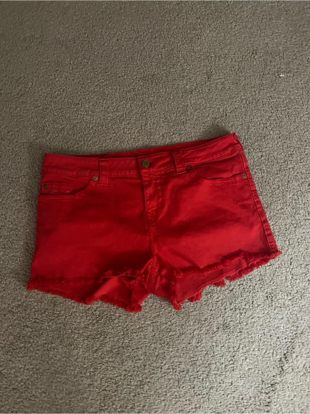 True Religion Red Denim Frayed Hem Shorts